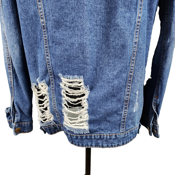 Mono B Longline Denim Jacket Women’s Large Distressed Destroyed Blue Jean Coat - Picture 6 of 14